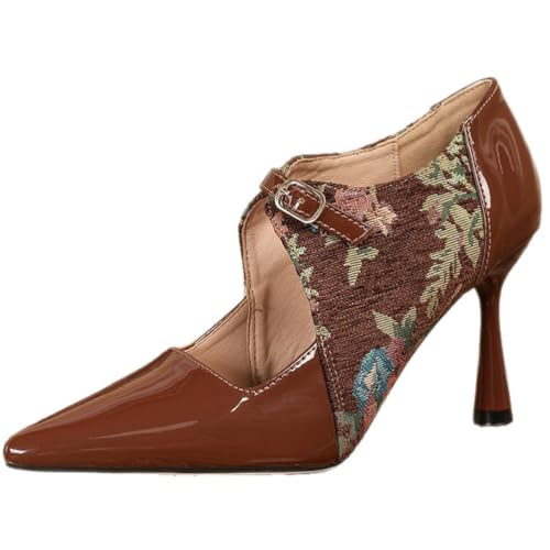 MiaZane Damen Court Schuhe Stiletto Absatz Spitz Zehen Zwei Farben Bankett Pumps Knöchelriemen Kleid Hohe Absätze Für Hochzeitsfeier Und Cocktailparty,Braun,37 EU von MiaZane