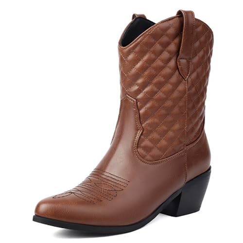MiaZane Damen Cowboy Stiefel Blockabsatz Breite Wade Rundzeh Gestepptes Design Cowgirl Western Modische Stiefel Für Herbst Und Winter Tägliches Tragen Und Outdoor Aktivitäten,Braun,48 EU von MiaZane