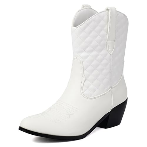MiaZane Damen Cowboy Stiefel Blockabsatz Breite Wade Rundzeh Gestepptes Design Cowgirl Western Modische Stiefel Für Herbst Und Winter Tägliches Tragen Und Outdoor Aktivitäten,Weiß,48 EU von MiaZane
