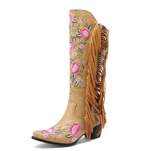MiaZane Damen Cowboy Stiefel Mit Chunky Blockabsatz Seitlicher Reißverschluss Blumenstickerei Fransen Hohe Knie Stiefel Mit Quaste Für Rodeo Und Herbst Winter ATM Wildleder,Braun,43 EU von MiaZane