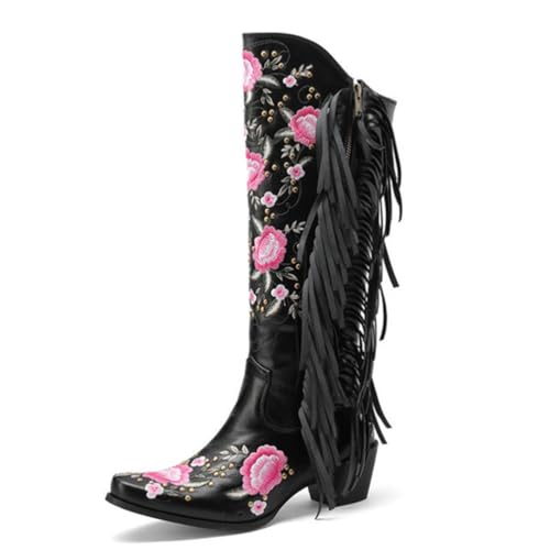MiaZane Damen Cowboy Stiefel Mit Chunky Blockabsatz Seitlicher Reißverschluss Blumenstickerei Fransen Hohe Knie Stiefel Mit Quaste Für Rodeo Und Herbst Winter ATM Wildleder,Schwarz,40 EU von MiaZane