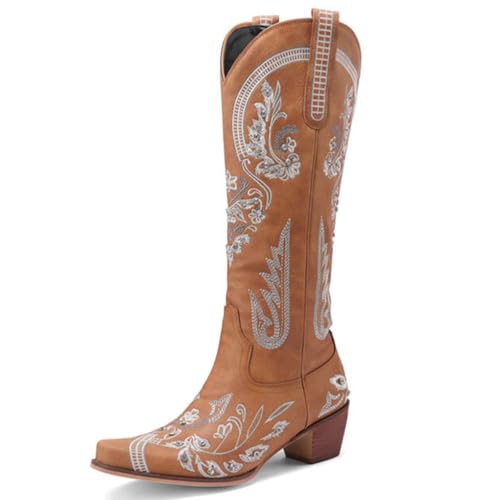MiaZane Damen Cowboy Stiefel Mittlere Wade Mit Chunky Blockabsatz Totem Stickerei Kniehoch Seitlicher Reißverschluss Western Reitstiefel Für Rodeo Und Herbst Winter,Braun,41 EU von MiaZane