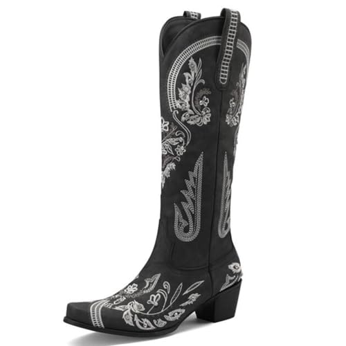 MiaZane Damen Cowboy Stiefel Mittlere Wade Mit Chunky Blockabsatz Totem Stickerei Kniehoch Seitlicher Reißverschluss Western Reitstiefel Für Rodeo Und Herbst Winter,Schwarz,43 EU von MiaZane