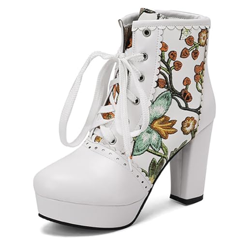 MiaZane Damen Floral Plattformstiefel Schnürstiefeletten mit besticktem Design Hoher Blockabsatz Hohe Stiefel für Partys und Abendveranstaltungen in Übergröße,Grün,36 EU von MiaZane