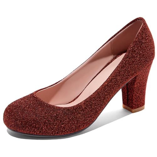 MiaZane Damen Glitter Hoher Blockabsatz Pumps Klassische Slip On Rundspitze Dress Court Schuhe Einfach Elegantes Design Für Tägliche Und Büro Nutzung,Rot,40 EU von MiaZane
