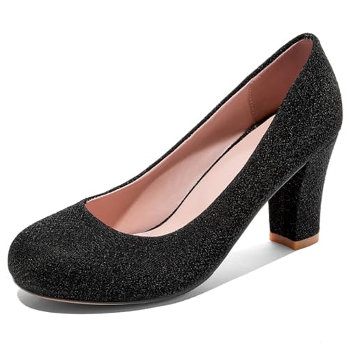 MiaZane Damen Glitter Hoher Blockabsatz Pumps Klassische Slip On Rundspitze Dress Court Schuhe Einfach Elegantes Design Für Tägliche Und Büro Nutzung,Schwarz,44 EU von MiaZane