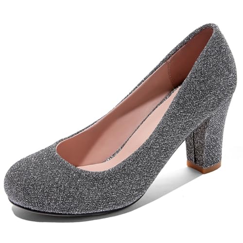 MiaZane Damen Glitter Hoher Blockabsatz Pumps Klassische Slip On Rundspitze Dress Court Schuhe Einfach Elegantes Design Für Tägliche Und Büro Nutzung,Silber,40 EU von MiaZane