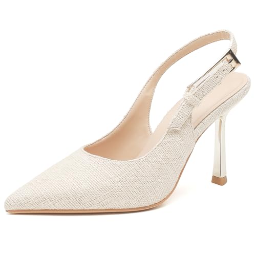 MiaZane Damen High Heel Schuhe Stiletto Lackleder Spitze Zehe Slingback Pumps Abend Beruf und Gerichtsschuhe für Hochzeitsempfang & Cocktail Party,Beige,40 EU von MiaZane