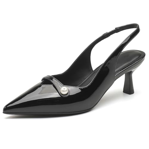 MiaZane Damen Kitten Absatz Slingback Pumps mit Spitzer Geschlossener Zehe Niedrige Stiletto Absätze Abendgarderobe Elegante Braut Hochzeitsschuhe für Empfang & Cocktail,Schwarz,42.5 EU von MiaZane