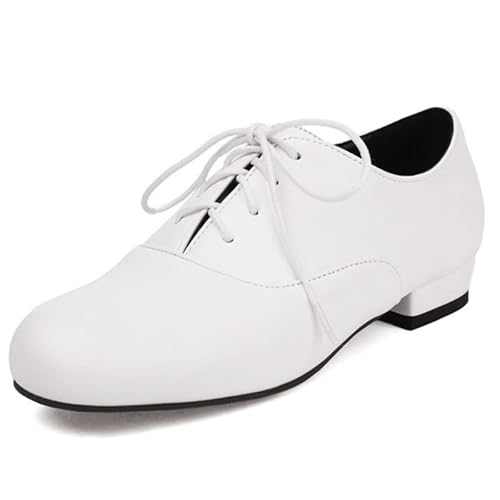 MiaZane Damen Klassische Oxford Flats Rundspitze Schnürschuhe Niedriger Blockabsatz Für Street Style Und Alltag Mikrofaser,Weiß,45 EU von MiaZane