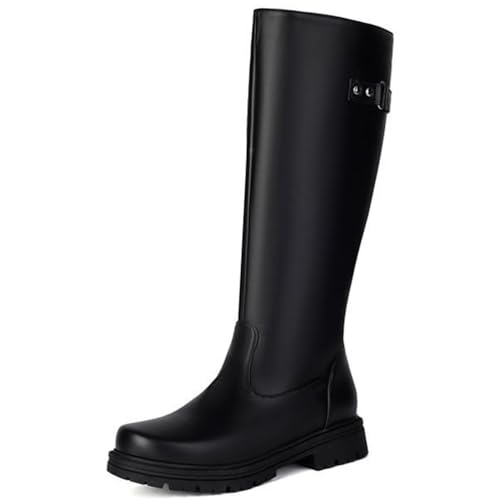MiaZane Damen Kniehohe Combat Stiefel Plattform Blockabsatz Rund Zehen Zum Reinschlüpfen Mit Seitlichem Reißverschluss Reitstiefel Für Herbst Winter & Freizeitkleidung,Black (Velvet),43 EU von MiaZane