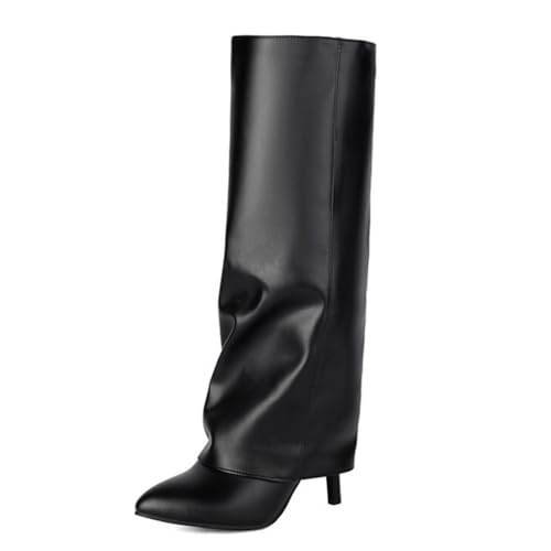MiaZane Damen Kniehohe Umschlagstiefel Stiletto Absatz Lange Stiefeletten Seiten Reißverschluss Spitz Zeh Kleid Hohe Stiefel Für Herbst Und Winter Abendveranstaltung,Schwarz,47 EU von MiaZane