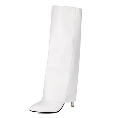 MiaZane Damen Kniehohe Umschlagstiefel Stiletto Absatz Lange Stiefeletten Seiten Reißverschluss Spitz Zeh Kleid Hohe Stiefel Für Herbst Und Winter Abendveranstaltung,Weiß,45 EU von MiaZane