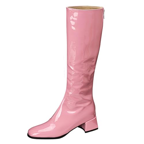 MiaZane Damen Knielange Modische Gogo Stiefel Quadratischer Zeh Mittlerer Blockabsatz Seitlicher Reißverschluss Lange Stiefel Für Herbst & Winter Abendveranstaltung,Rosa,37 EU von MiaZane