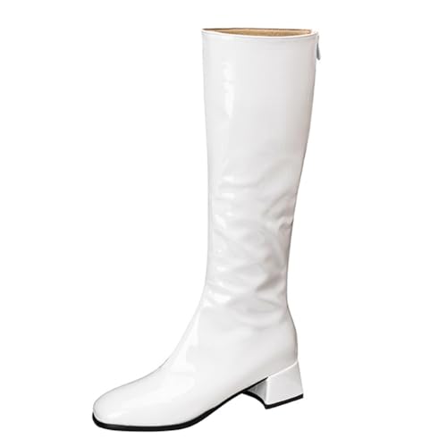 MiaZane Damen Knielange Modische Gogo Stiefel Quadratischer Zeh Mittlerer Blockabsatz Seitlicher Reißverschluss Lange Stiefel Für Herbst & Winter Abendveranstaltung,Weiß,35 EU von MiaZane