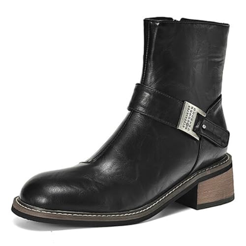MiaZane Damen Knöchelstiefel Bequem Chunky Blockabsatz Metall Schnalle Seiten Reißverschluss Runde Spitze Kurze Modische Stiefel Für Streetwear & Freizeit Outing,Black (Thin),39 EU von MiaZane