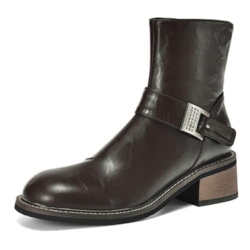 MiaZane Damen Knöchelstiefel Bequem Chunky Blockabsatz Metall Schnalle Seiten Reißverschluss Runde Spitze Kurze Modische Stiefel Für Streetwear & Freizeit Outing,Brown (Thick),40 EU von MiaZane