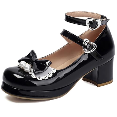 MiaZane Damen Lolita Lackleder Mary Jane Schuhe Klobiger Blockabsatz Rundspitze Einzelschuhe Doppelte Herzschnallen Für Schuluniform & Alltag,Schwarz,38 EU von MiaZane
