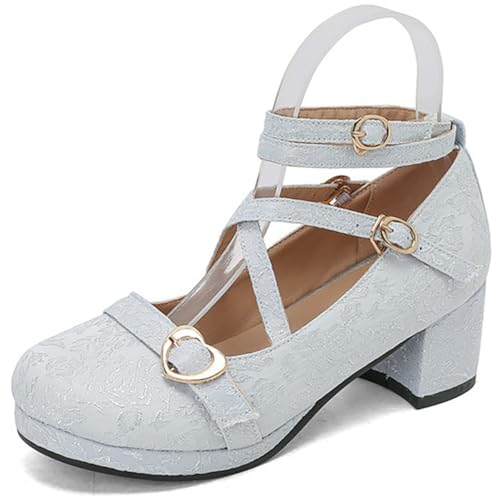MiaZane Damen Mary Jane Schuhe Aus Spitze Großer Blockabsatz Runde Zehen Klassische Studentinnen Pumps Knöchelriemen Niedrige Plattform Für Schule Und Alltag,Light Blue,42 EU von MiaZane
