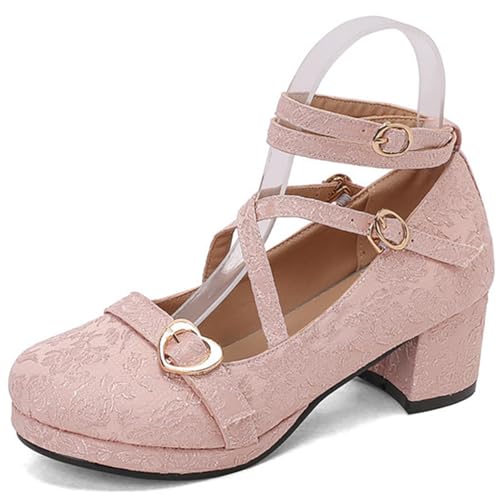 MiaZane Damen Mary Jane Schuhe Aus Spitze Großer Blockabsatz Runde Zehen Klassische Studentinnen Pumps Knöchelriemen Niedrige Plattform Für Schule Und Alltag,Rosa,36 EU von MiaZane