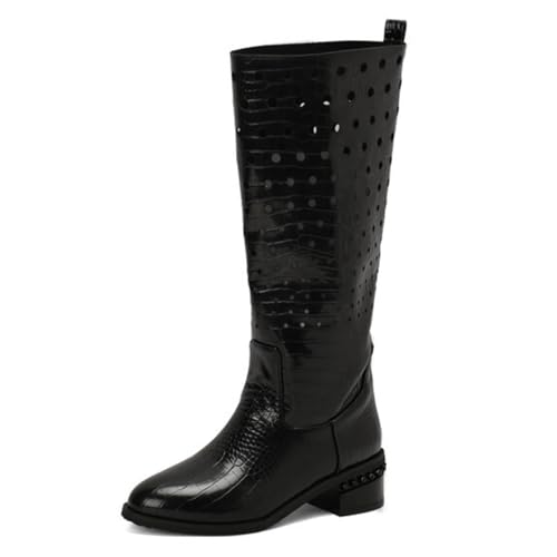 MiaZane Damen Mid-Calf Fashion Stiefel Bequem Hohl Ausschnitt Rundzehen Zum Reinschlüpfen Niedriger Blockabsatz Mid-Calf Stiefel Für Herbst & Winter Freizeit,Schwarz,47 EU von MiaZane