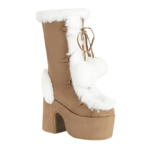 MiaZane Damen Mid-Calf Fashion Stiefel Kunstpelz Pom Pom Plattform Blockabsatz Schnürstiefel Winterstiefel Für Freizeit & Outdoor Innen Futter Wildleder,Camel,36 EU von MiaZane