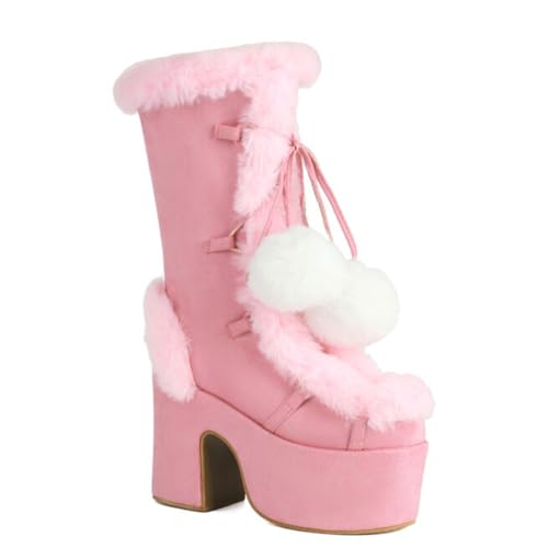 MiaZane Damen Mid-Calf Fashion Stiefel Kunstpelz Pom Pom Plattform Blockabsatz Schnürstiefel Winterstiefel Für Freizeit & Outdoor Innen Futter Wildleder,Rosa,35 EU von MiaZane