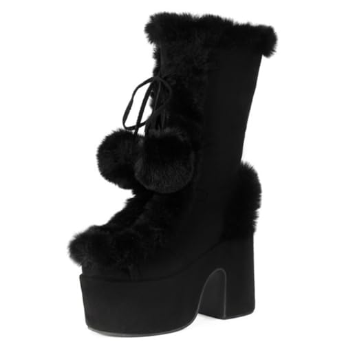 MiaZane Damen Mid-Calf Fashion Stiefel Kunstpelz Pom Pom Plattform Blockabsatz Schnürstiefel Winterstiefel Für Freizeit & Outdoor Innen Futter Wildleder,Schwarz,42 EU von MiaZane