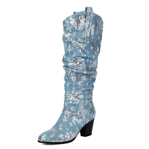 MiaZane Damen Mittelhohe Stiefel Klobiger Blockabsatz Rundspitze Rückseitiger Reißverschluss Mode Stiefel Für Herbst Und Winter Streetwear Und Abend Ausgehen Pailletten Denim,Lightblue,44 EU von MiaZane