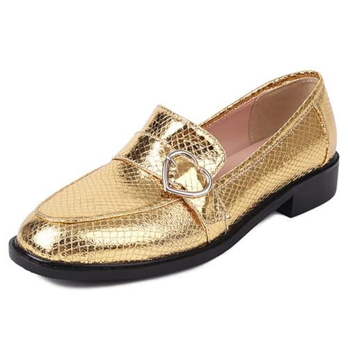 MiaZane Damen Niedrige Flache Runde Zehen Slip-On Loafers Freizeit Schuhe Für Frühling Und Herbst Atmungsaktive Mikrofaser Große Größen Verfügbar,Gold,38 EU von MiaZane