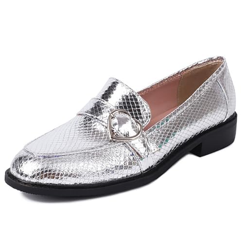 MiaZane Damen Niedrige Flache Runde Zehen Slip-On Loafers Freizeit Schuhe Für Frühling Und Herbst Atmungsaktive Mikrofaser Große Größen Verfügbar,Silber,40 EU von MiaZane