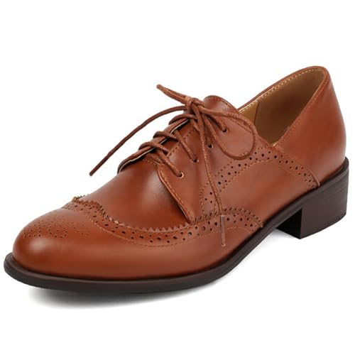 MiaZane Damen Oxford Schuhe Robuster Blockabsatz Schnürung Runde Spitze Brogues Wingtip Flache Schuhe für Büro und Uni Stil Atmungsaktiv,Braun,41 EU von MiaZane