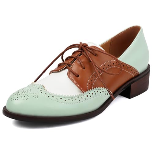 MiaZane Damen Oxford Schuhe Robuster Blockabsatz Schnürung Runde Spitze Brogues Wingtip Flache Schuhe für Büro und Uni Stil Atmungsaktiv,Grün,35 EU von MiaZane