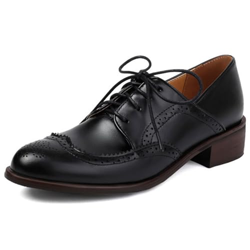 MiaZane Damen Oxford Schuhe Robuster Blockabsatz Schnürung Runde Spitze Brogues Wingtip Flache Schuhe für Büro und Uni Stil Atmungsaktiv,Schwarz,42 EU von MiaZane