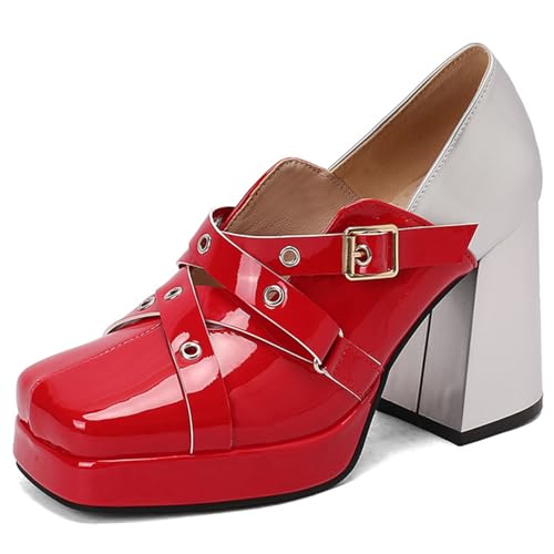 MiaZane Damen Plateau High Heels Chunky Court Schuhe Colorblock Pumps mit quadratischer Spitze für Street Style & Daily Wear PU Lack Breite Größe,Rot,40 von MiaZane