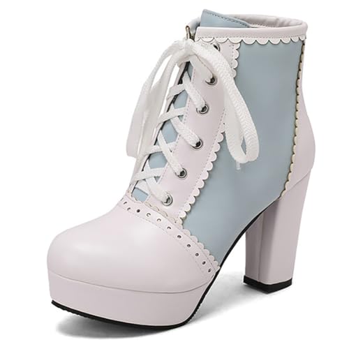 MiaZane Damen Plateau Stiefeletten Rundspitze Schnürung Kurzstiefel Mit Geschwungenem Rand Hoher Absatz Für Freizeit Und Streetwear Weite Größe,Blau,38 EU von MiaZane