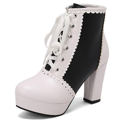 MiaZane Damen Plateau Stiefeletten Rundspitze Schnürung Kurzstiefel Mit Geschwungenem Rand Hoher Absatz Für Freizeit Und Streetwear Weite Größe,Schwarz,39 EU von MiaZane
