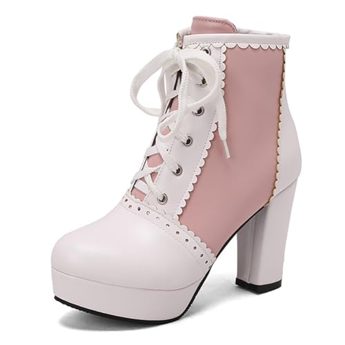 MiaZane Damen Plateau Stiefeletten Rundspitze Schnürung Kurzstiefel Mit Geschwungenem Rand Hoher Absatz Für Freizeit Und Streetwear Weite Größe,Weiß,45 EU von MiaZane