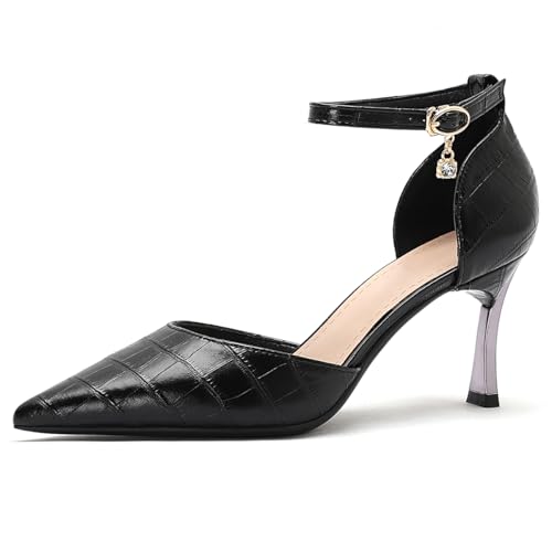 MiaZane Damen Pumps Hoher Absatz Krokodilmuster Stöckelschuh Spitze Zehen Schmaler Schlupf Abend Schuhe Für Büro Und Abendveranstaltungen,Black7cm,36 EU von MiaZane