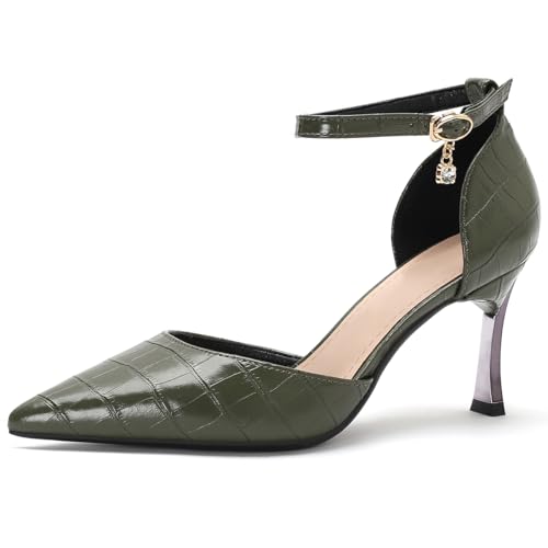 MiaZane Damen Pumps Hoher Absatz Krokodilmuster Stöckelschuh Spitze Zehen Schmaler Schlupf Abend Schuhe Für Büro Und Abendveranstaltungen,Dark green7cm,36 EU von MiaZane