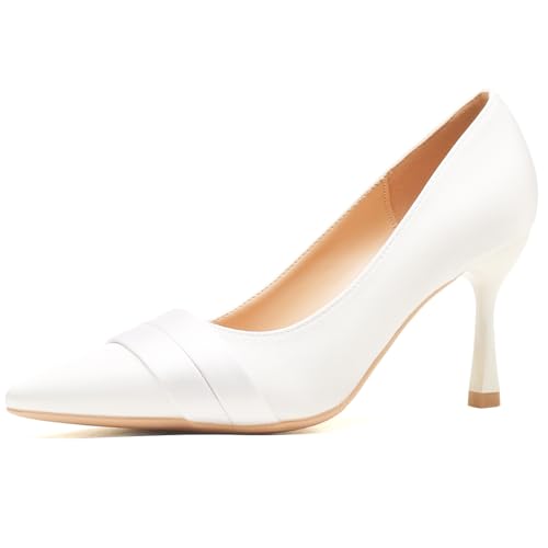 MiaZane Damen Pumps Mit Kreuzriemen Stöckelschuh Spitze Zehen Absätze Brautschuhe Formelle Pumps Für Hochzeit Und Bankett Atmungsaktiver Satin Ultra Weiche Einlegesohle,White10cm,42 EU von MiaZane