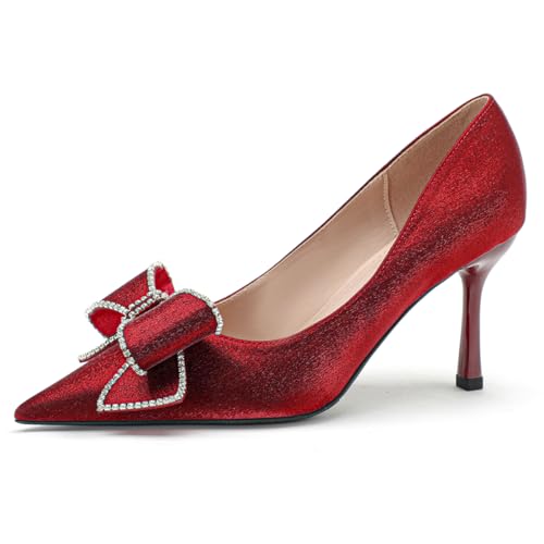 MiaZane Damen Pumps Stiletto Absatz Schleifen Verzierung Spitze Zehe Abendkleider Pumps für Hochzeitsempfang & Abendbankett Atmungsaktive Seide,Burgundy10cm,42 EU von MiaZane