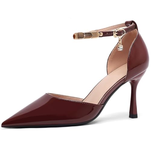 MiaZane Damen Pumps mit Knöchelriemen Strapazierfähige Abendsandalen mit Spitzer Zehe Durchbrochene Brautpumps für Hochzeitsempfang & Cocktail Party Weite Größen,Burgundy5cm,38 EU von MiaZane