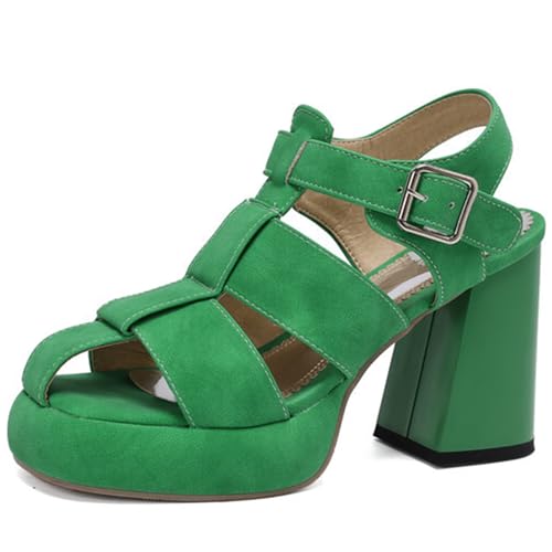 MiaZane Damen Sandalen Plateau Hoher Blockabsatz Mit Breitem Riemen Und Knöchelriemen Offene Zehe Geschlossene Zehe Block Absatzschuhe Große Größen Erhältlich,Grün,40 EU von MiaZane