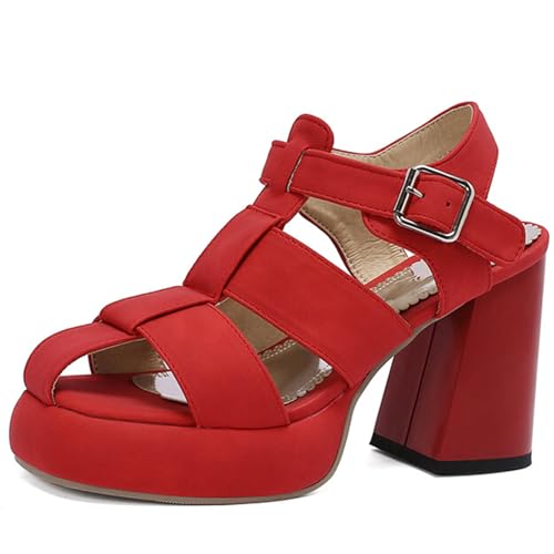 MiaZane Damen Sandalen Plateau Hoher Blockabsatz Mit Breitem Riemen Und Knöchelriemen Offene Zehe Geschlossene Zehe Block Absatzschuhe Große Größen Erhältlich,Rot,37 EU von MiaZane