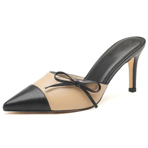 MiaZane Damen Sandalen Spitze Zehe Mules Absätze Kitten Absatz Schleife Slingback Color Block Pumps Schlupf Abendgarderobe Schuhe für Hochzeitsempfang & Cocktail,Nude,42 EU von MiaZane