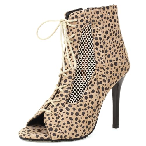 MiaZane Damen Schnürstiefeletten Mit Peeptoe Stilettoabsatz Mesh Panel Sandalenstiefel Für Abendkleid Und Hochzeitsfeier,Leopard Print,46 EU von MiaZane