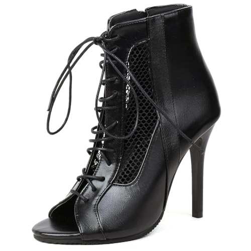 MiaZane Damen Schnürstiefeletten Mit Peeptoe Stilettoabsatz Mesh Panel Sandalenstiefel Für Abendkleid Und Hochzeitsfeier,Schwarz,47 EU von MiaZane