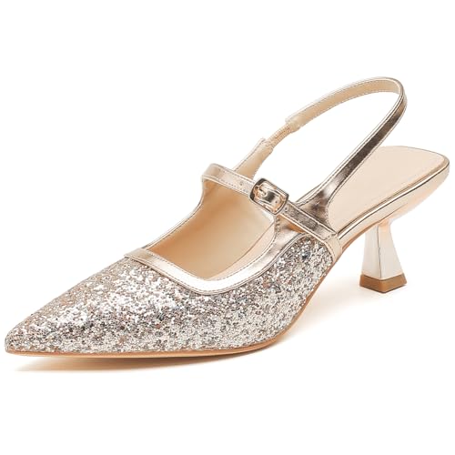 MiaZane Damen Slingback Court Schuhe mit Spitzer Zehe Kitten Absatz Pumps Glitzer Abendschuhe für Hochzeitsempfang & Cocktail Party,Gold,42.5 EU von MiaZane