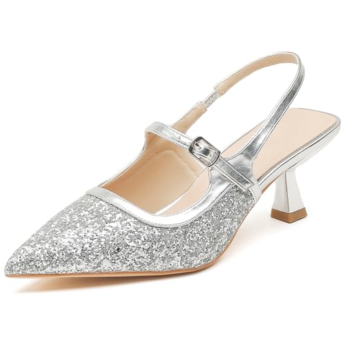 MiaZane Damen Slingback Court Schuhe mit Spitzer Zehe Kitten Absatz Pumps Glitzer Abendschuhe für Hochzeitsempfang & Cocktail Party,Silber,37 EU von MiaZane